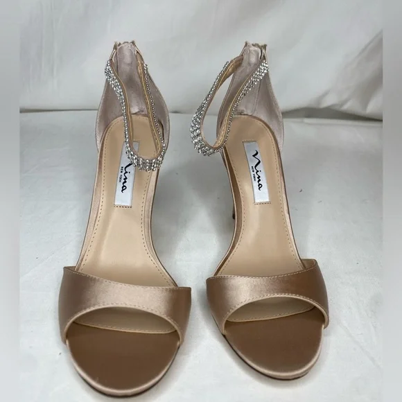 Women Nina Champagne Crystal Satin Ankle Strap High Heel Sandal 7.5M - Picture 5 of 9